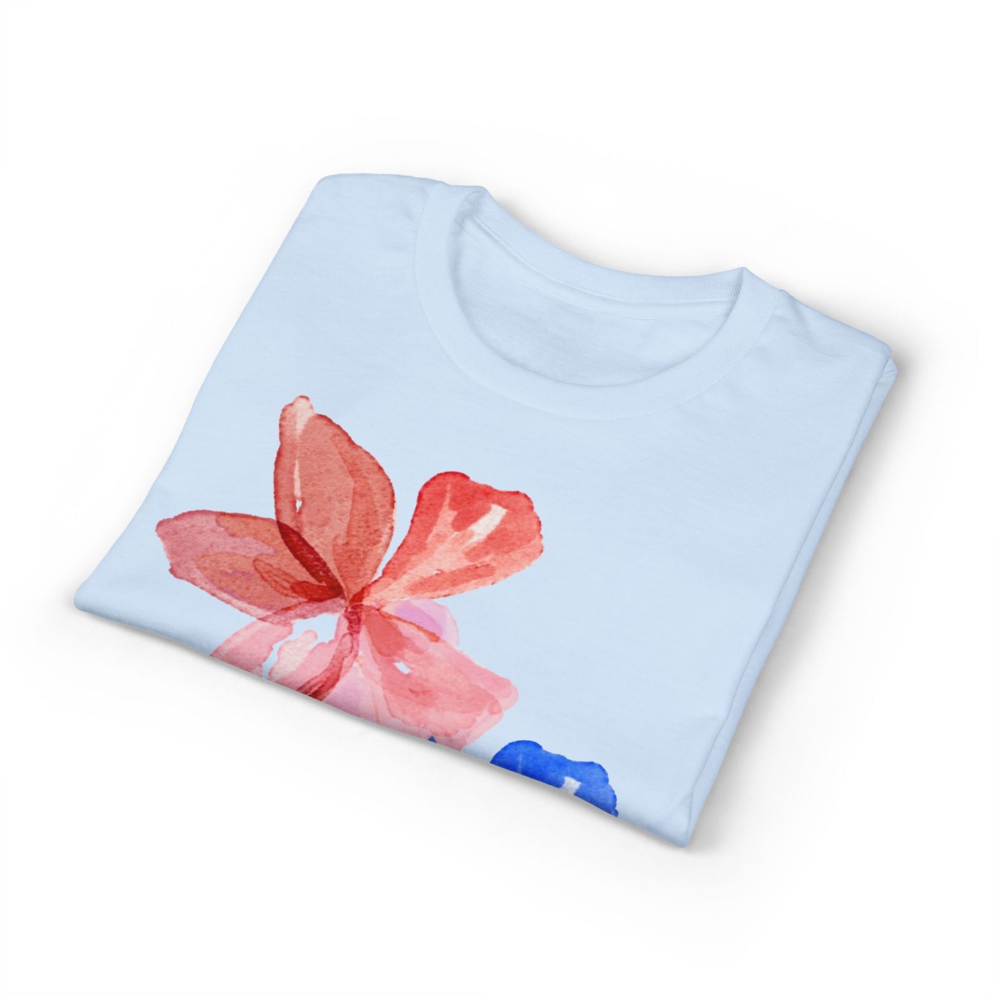 Floral Watercolor Tee — Pink & Blue Petal Graphic T-Shirt