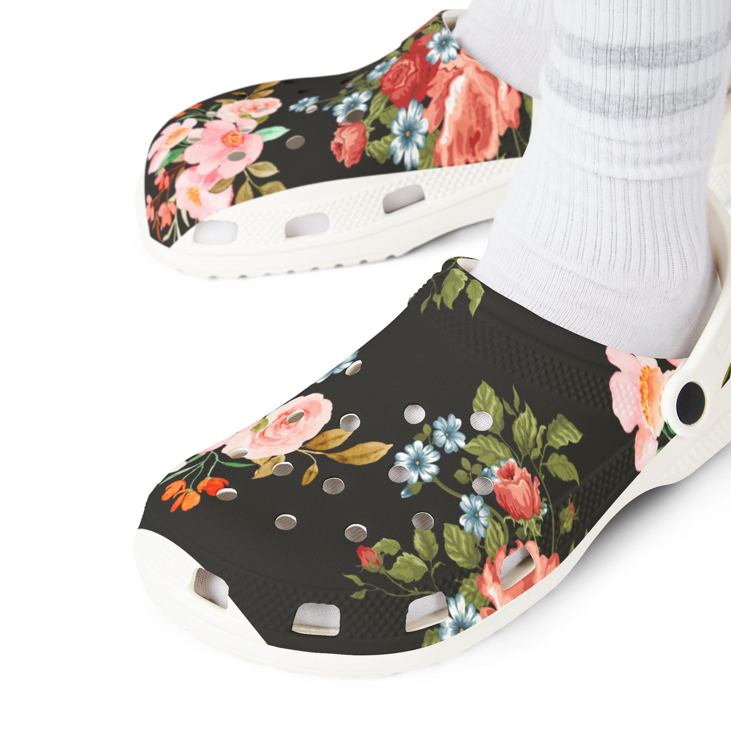 Floral EVA Foam Clogs — Women's Black Rose Garden Slip-On Shoes