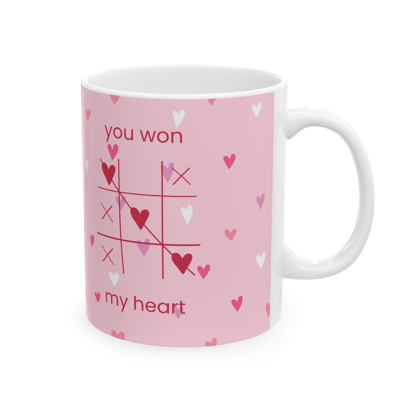 Valentine Tic-Tac-Toe Ceramic Mug — "You Win My Heart" Pink Heart Coffee Cup (11oz/15oz)