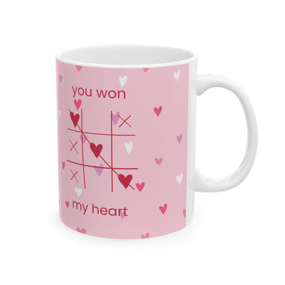 Valentine Tic-Tac-Toe Ceramic Mug — "You Win My Heart" Pink Heart Coffee Cup (11oz/15oz)