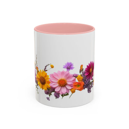 Floral Border Accent Coffee Mug — Colorful Daisy Bouquet 11/15oz