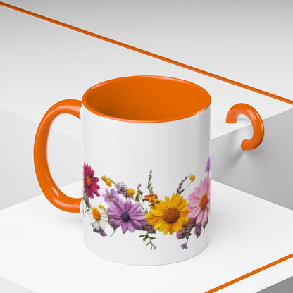 Floral Border Accent Coffee Mug — Colorful Daisy Bouquet 11/15oz