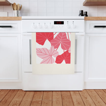 Pink Red Tropical Leaf Cotton Tea Towel — Floral Kitchen Towel, Modern Botanical Home Décor