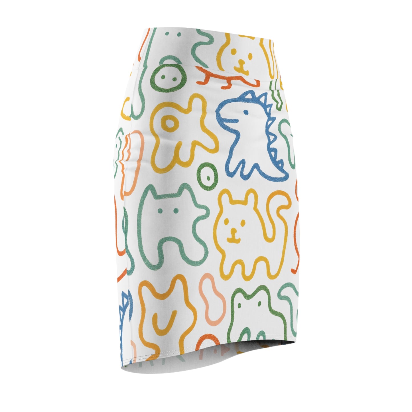 Cute Doodle Animals Pencil Skirt — Colorful Cartoon Dino & Cat All-Over Print