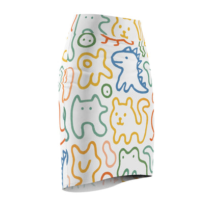 Cute Doodle Animals Pencil Skirt — Colorful Cartoon Dino & Cat All-Over Print