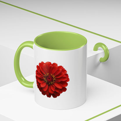 Red Zinnia Accent Coffee Mug — Floral Ceramic Tea Cup (11/15 oz)