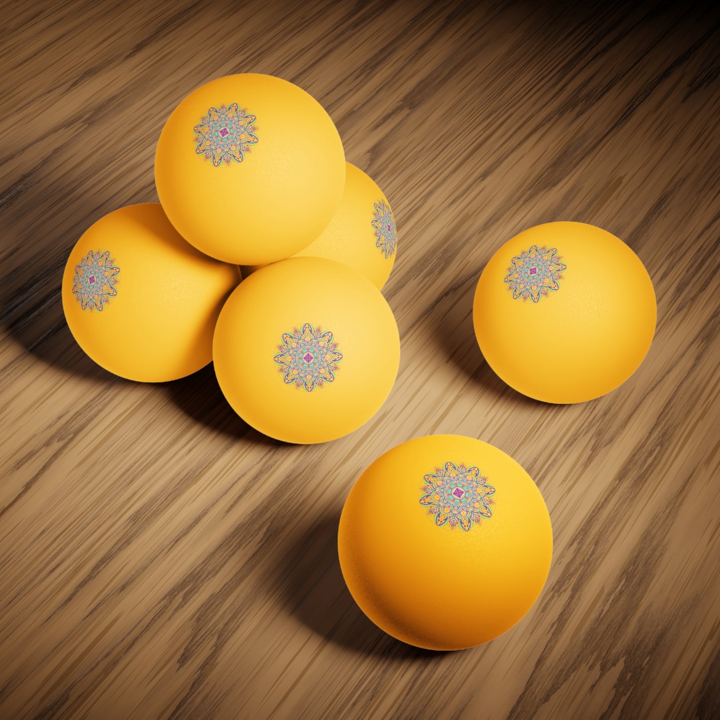 Mandala Table Tennis Balls (Set of 6) — Orange Ping Pong Balls with Decorative Center Design