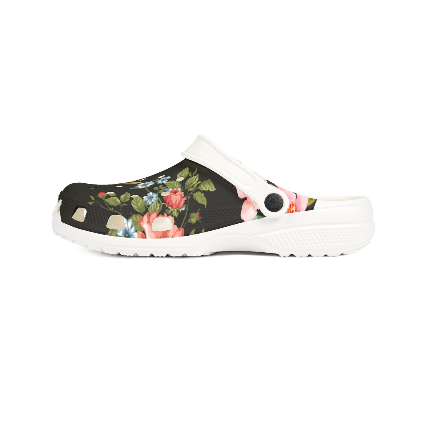 Floral EVA Foam Clogs — Women's Black Rose Garden Slip-On Shoes
