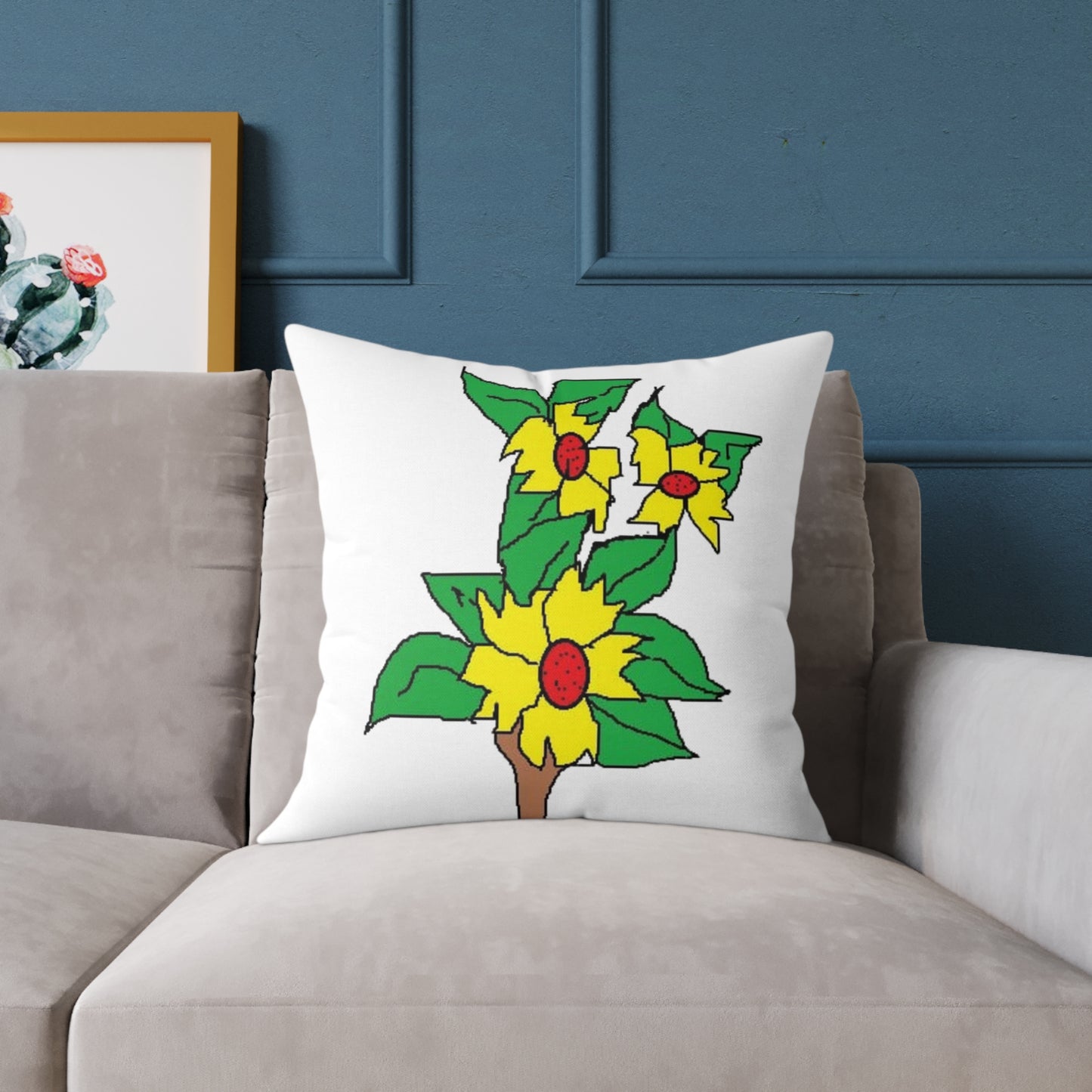 Yellow Blossom Illustration Square Pillow – Floral Decorative Throw Cushion