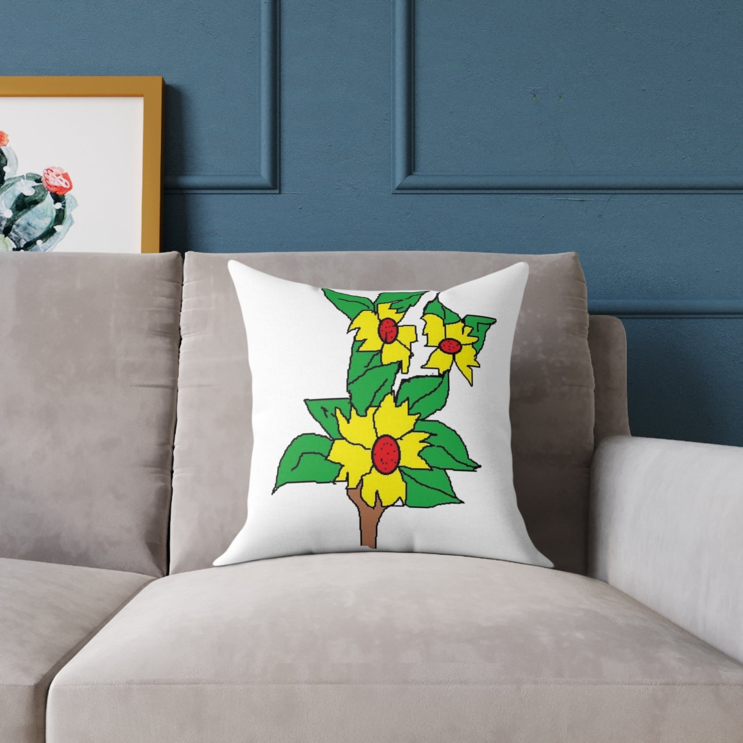 Yellow Blossom Illustration Square Pillow – Floral Decorative Throw Cushion