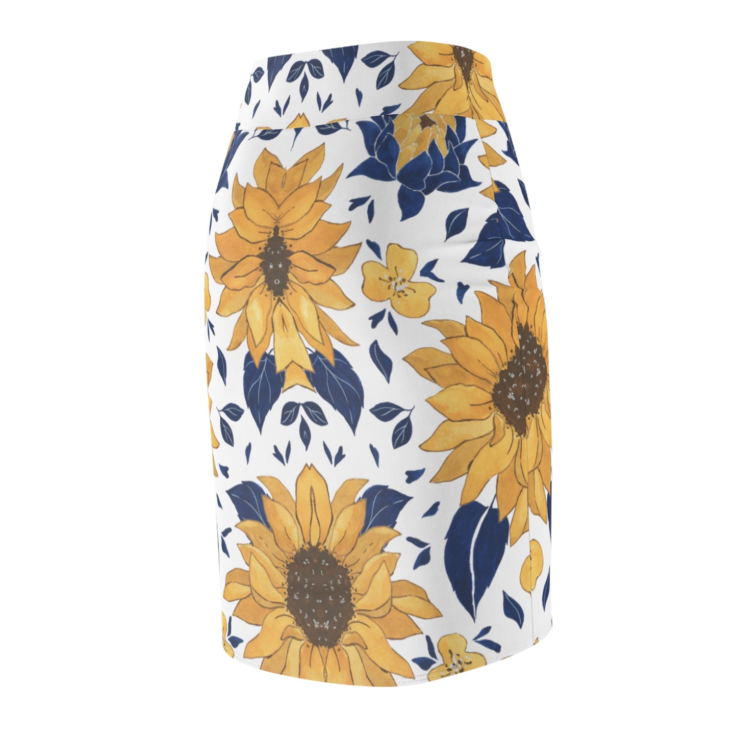 Sunflower Pattern Pencil Skirt — Floral Yellow & Navy AOP