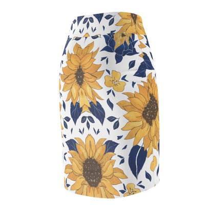 Sunflower Pattern Pencil Skirt — Floral Yellow & Navy AOP