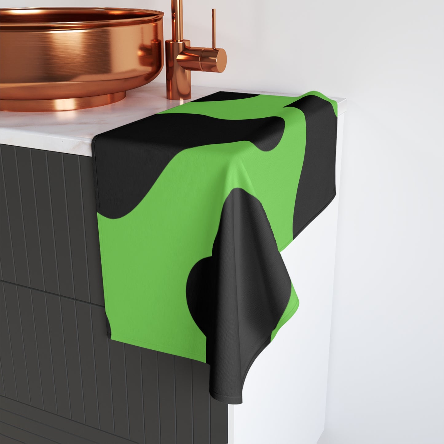 Green Cow Print Hand Towel — Bold Black Spot Animal Pattern Kitchen & Bathroom Accessory