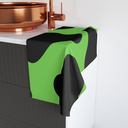 Green Cow Print Hand Towel — Bold Black Spot Animal Pattern Kitchen & Bathroom Accessory