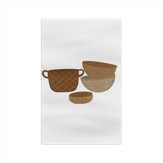 Kitchen Tea Towel — Rustic Woven Bowls Illustration
