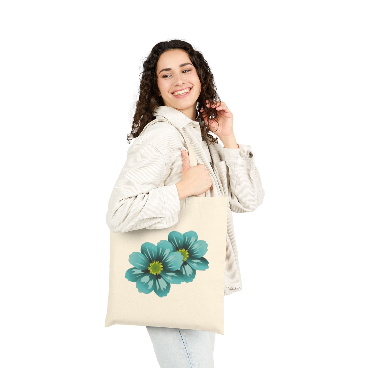 Teal Floral Tote Bag — Cotton Canvas Market Tote with Blue Flower Print