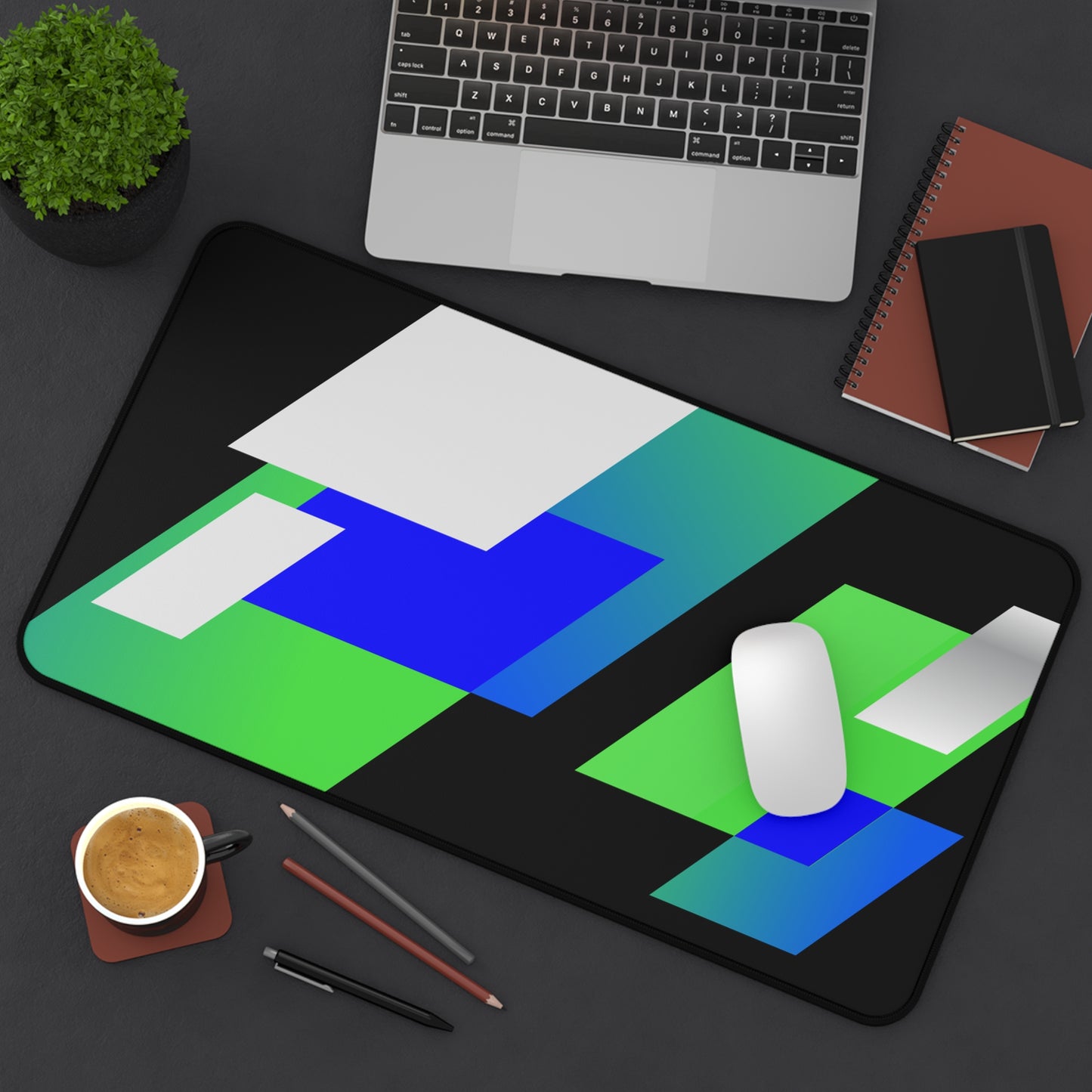 Geometric Neon Desk Mat — Green & Blue Abstract Office Mouse Pad