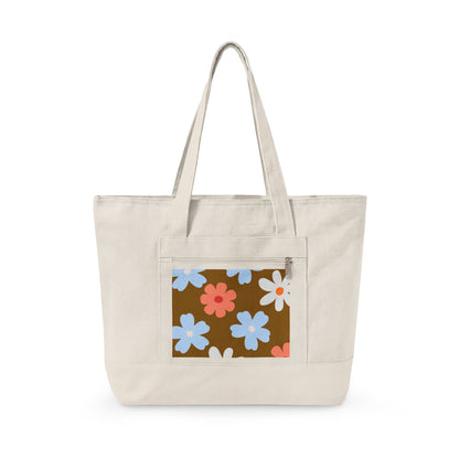 Retro Floral Canvas Tote Bag — Zippered Eco Shopper with Brown, Blue & Coral Flowers