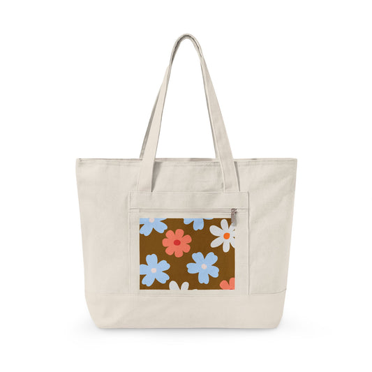 Retro Floral Canvas Tote Bag — Zippered Eco Shopper with Brown, Blue & Coral Flowers