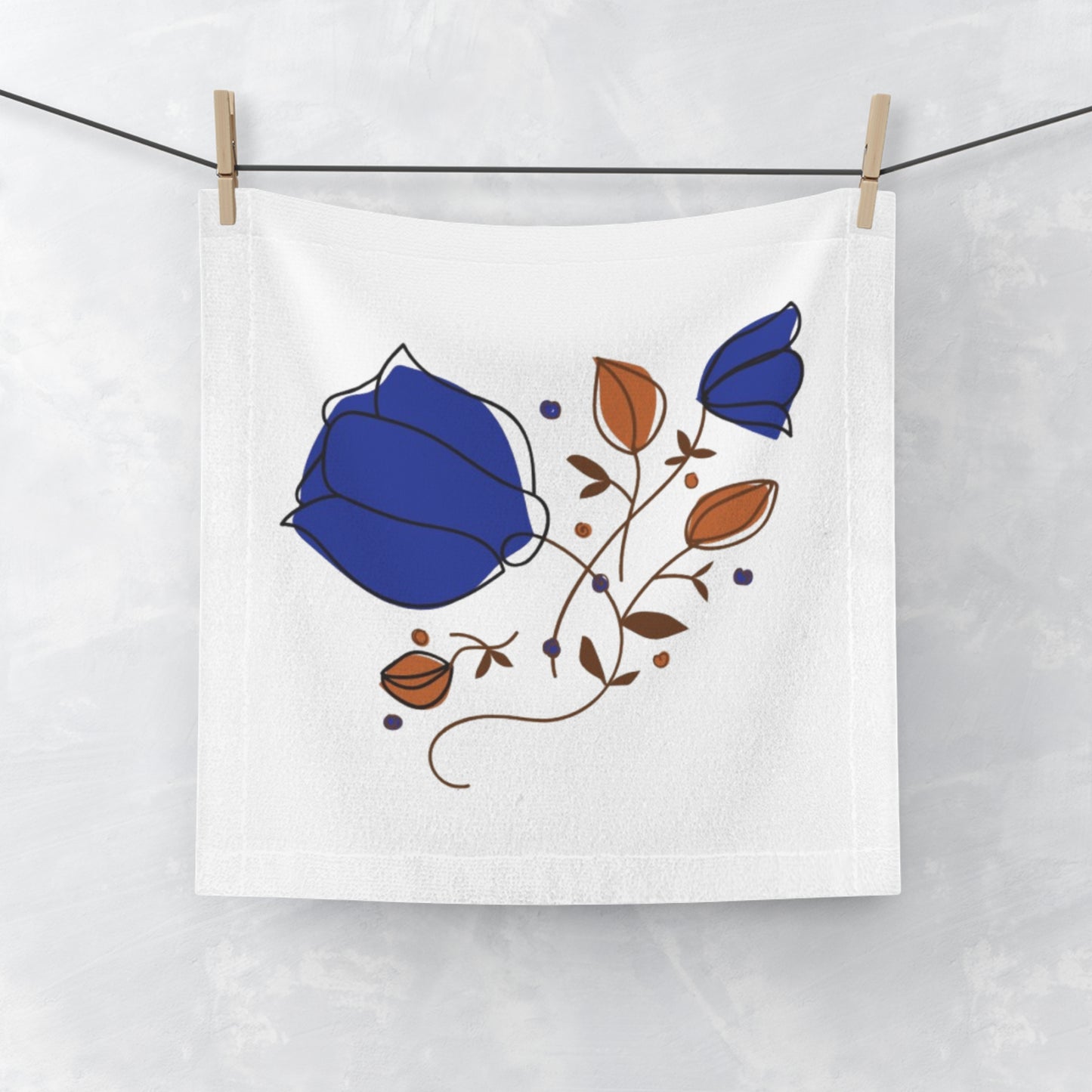 Blue Floral Face Towel — Decorative Rose Pattern Hand Towel