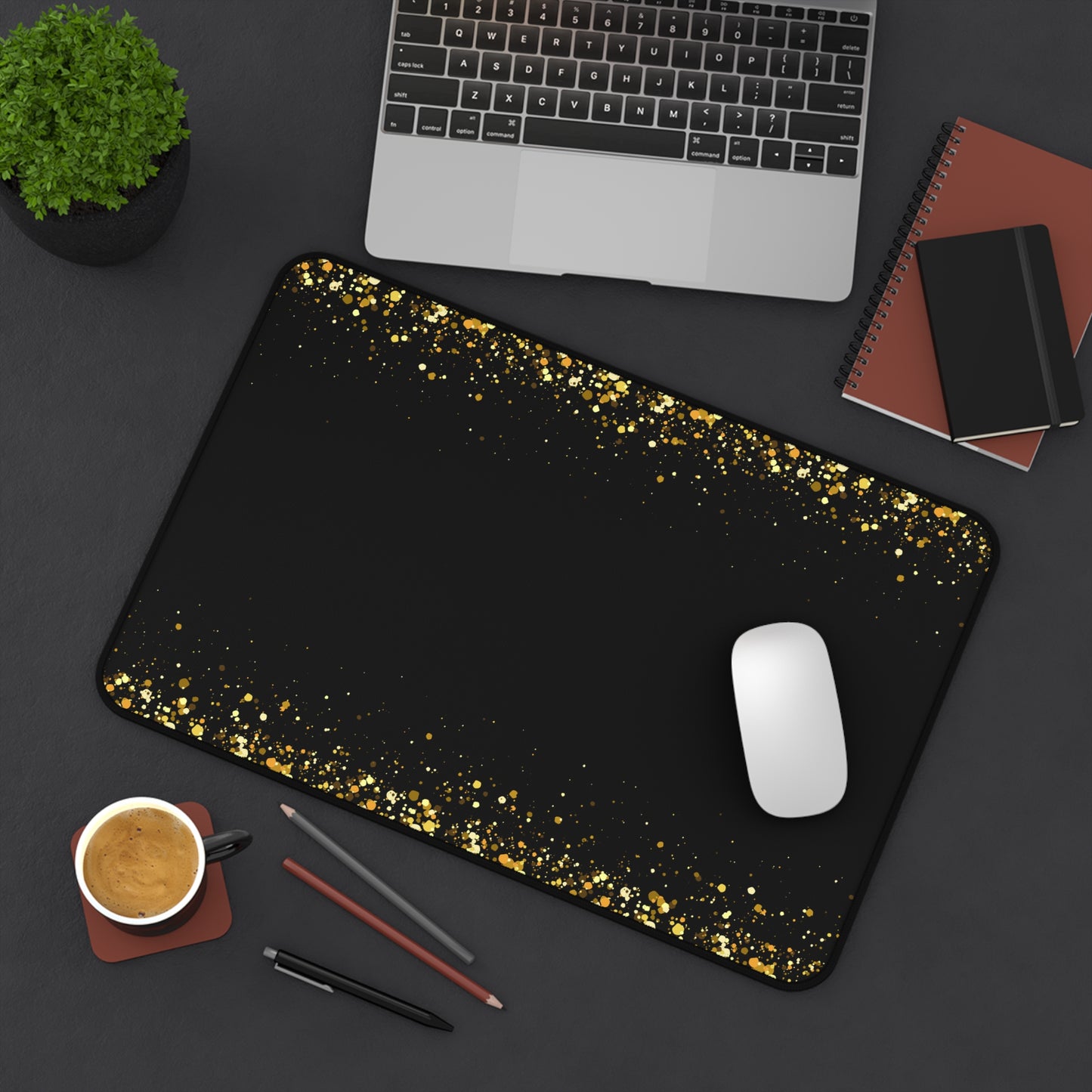 Black & Gold Glitter Desk Mat — Elegant Sparkle Mousepad for Office & Home