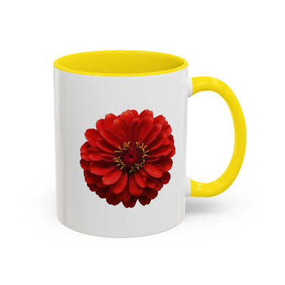 Red Zinnia Accent Coffee Mug — Floral Ceramic Tea Cup (11/15 oz)