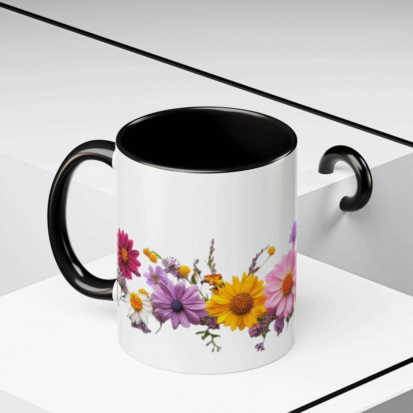 Floral Border Accent Coffee Mug — Colorful Daisy Bouquet 11/15oz