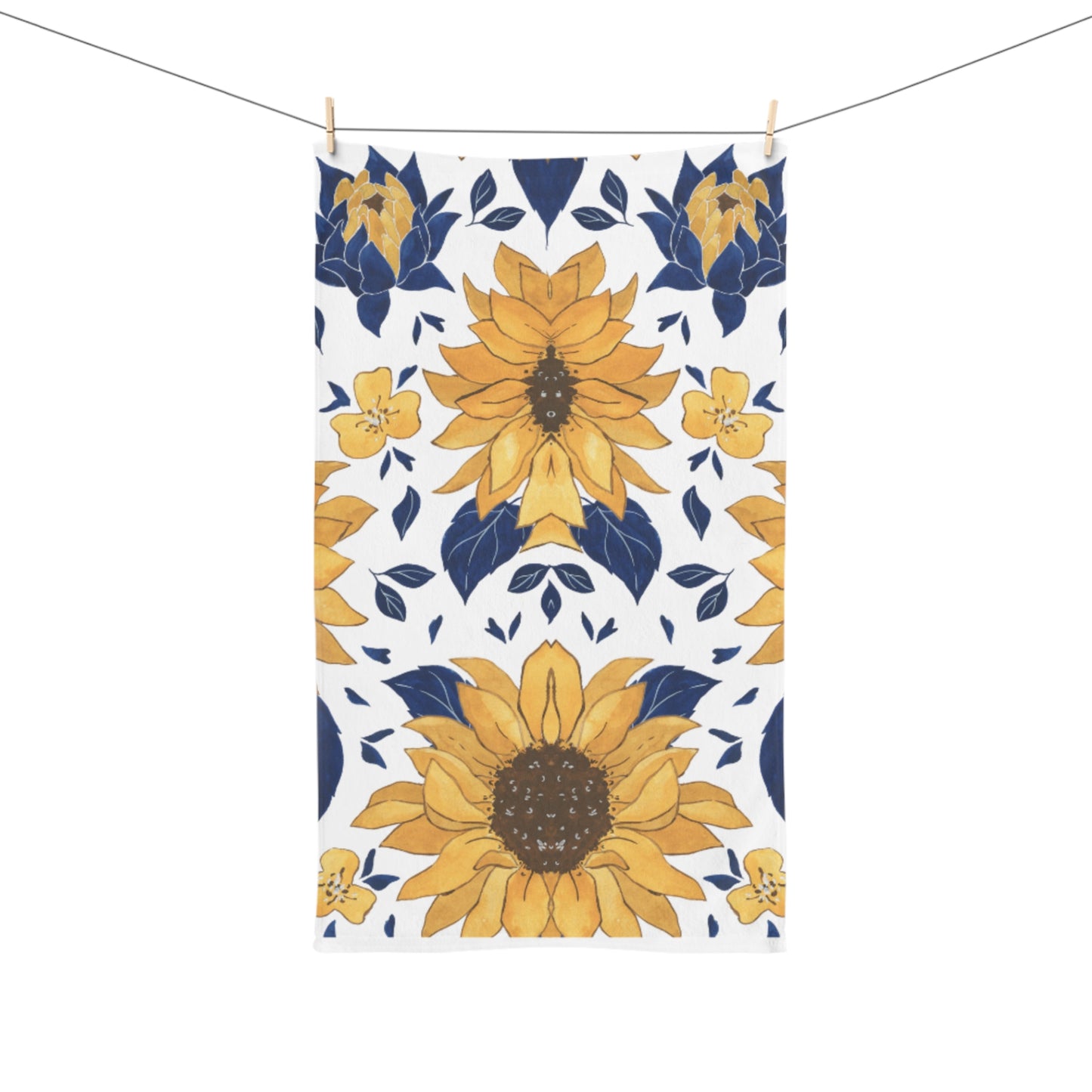 Sunflower Pattern Hand Towel — Yellow & Navy Floral Kitchen Towel