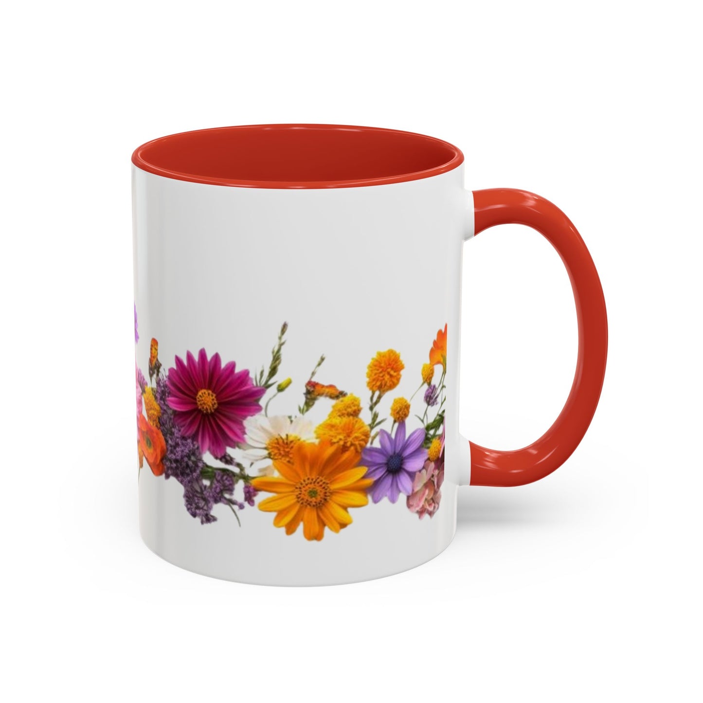 Floral Border Accent Coffee Mug — Colorful Daisy Bouquet 11/15oz