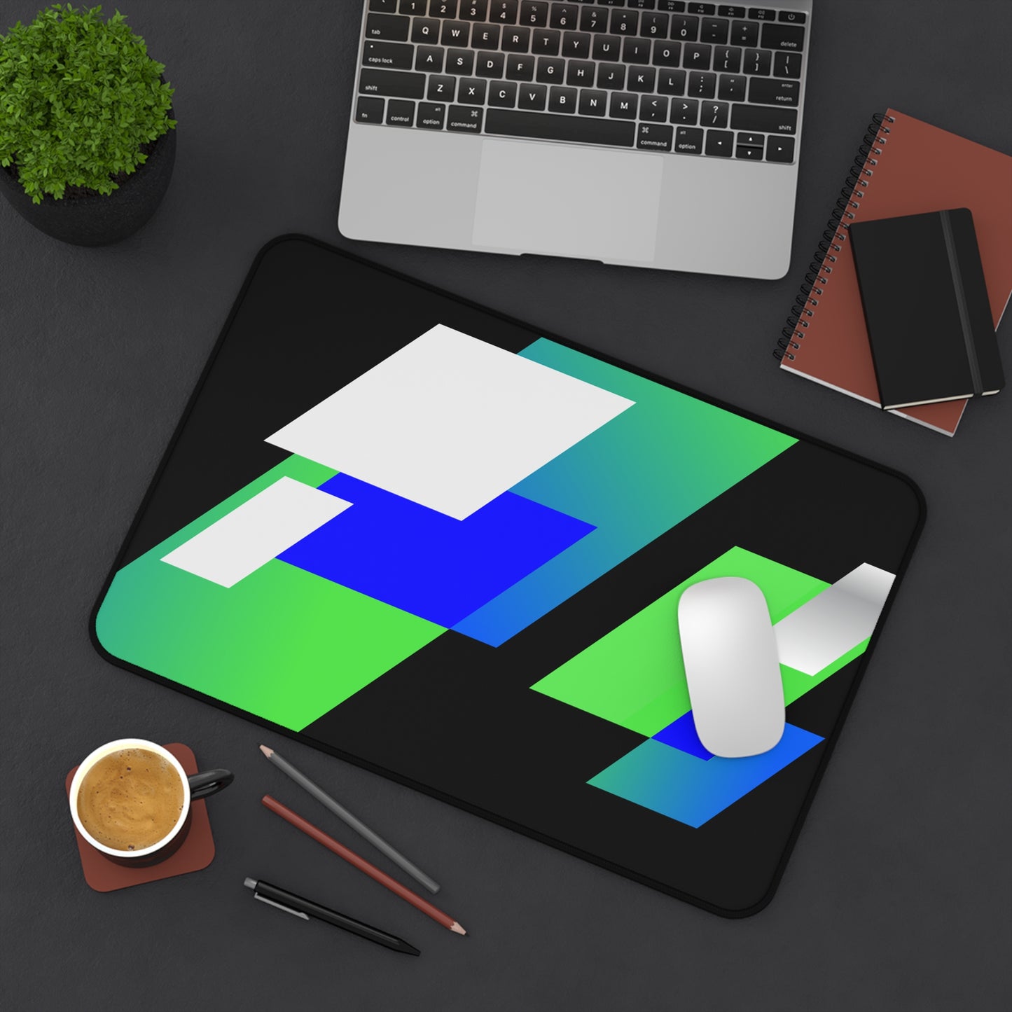 Geometric Neon Desk Mat — Green & Blue Abstract Office Mouse Pad