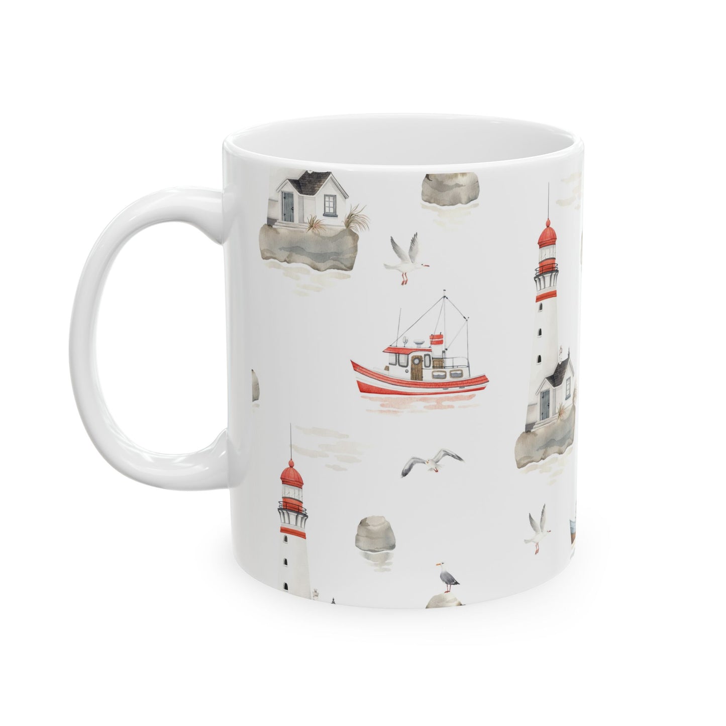 Nautical Lighthouse Ceramic Mug — Coastal Watercolor 11oz & 15oz