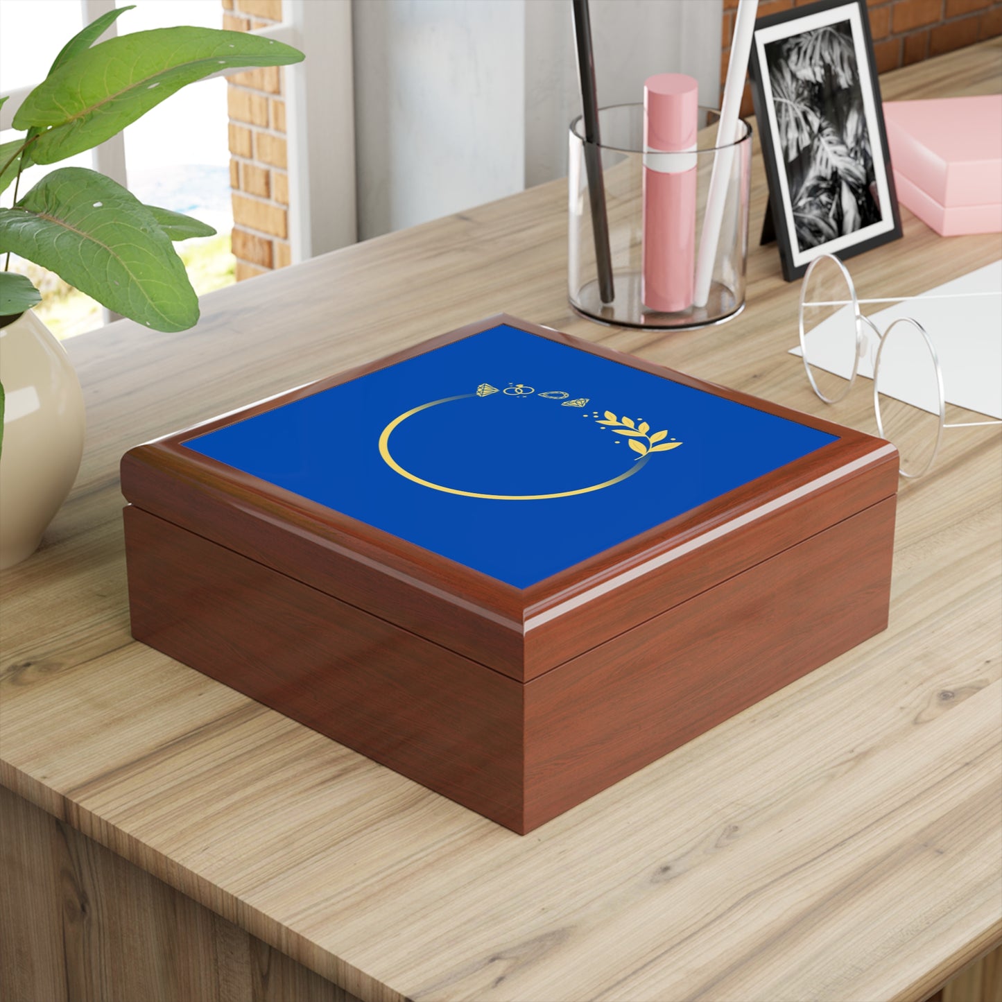 Blue & Gold Floral Ring Jewelry Box – Elegant Keepsake Box for Rings, Earrings & Gifts