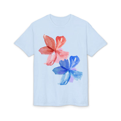 Floral Watercolor Tee — Pink & Blue Petal Graphic T-Shirt