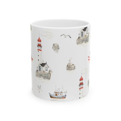 Nautical Lighthouse Ceramic Mug — Coastal Watercolor 11oz & 15oz