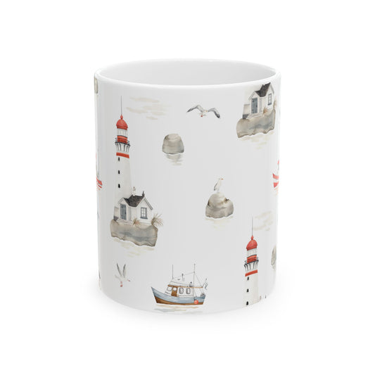 Nautical Lighthouse Ceramic Mug — Coastal Watercolor 11oz & 15oz