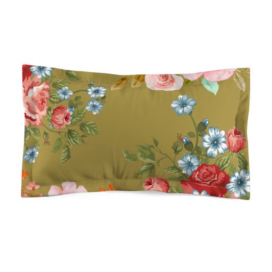 Vintage Floral Pillow Sham — Olive Green Rose Microfiber Decorative Sham