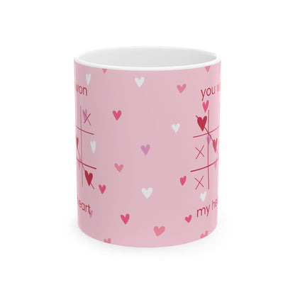 Valentine Tic-Tac-Toe Ceramic Mug — "You Win My Heart" Pink Heart Coffee Cup (11oz/15oz)