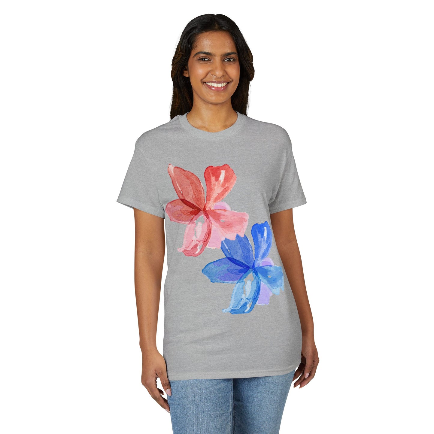 Floral Watercolor Tee — Pink & Blue Petal Graphic T-Shirt