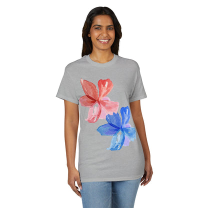 Floral Watercolor Tee — Pink & Blue Petal Graphic T-Shirt