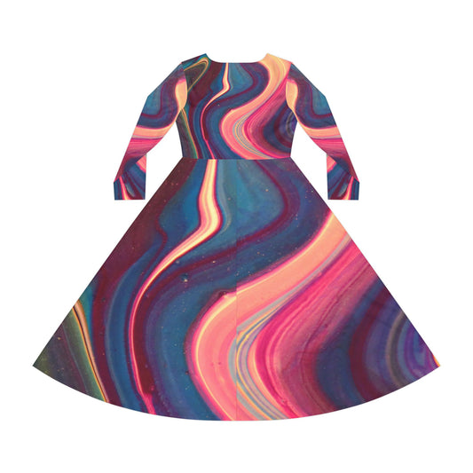 Swirl Marble Midi Dress — Colorful Long-Sleeve Dance Dress