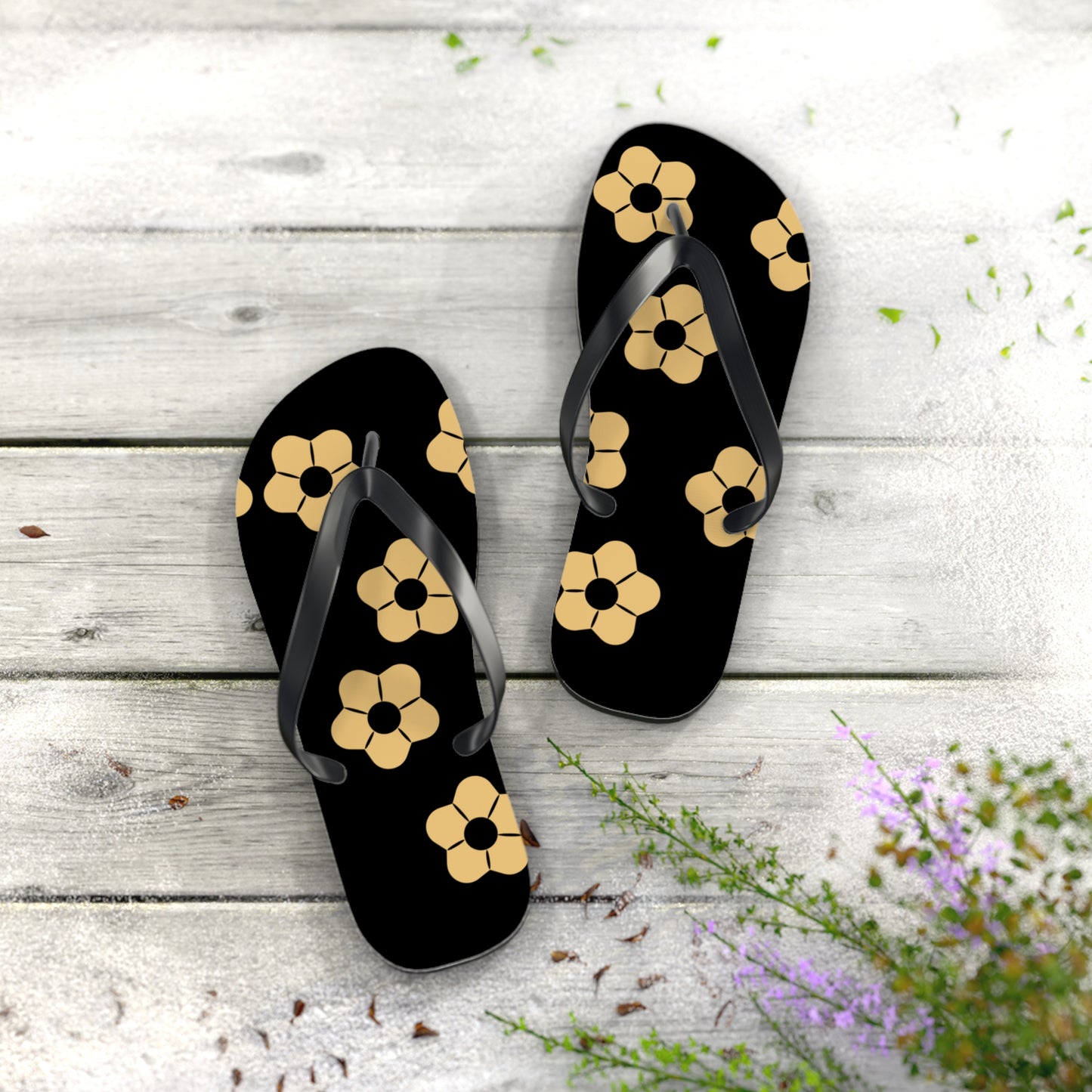 Black Floral Flip Flops – Gold Flower Pattern Beach Sandals