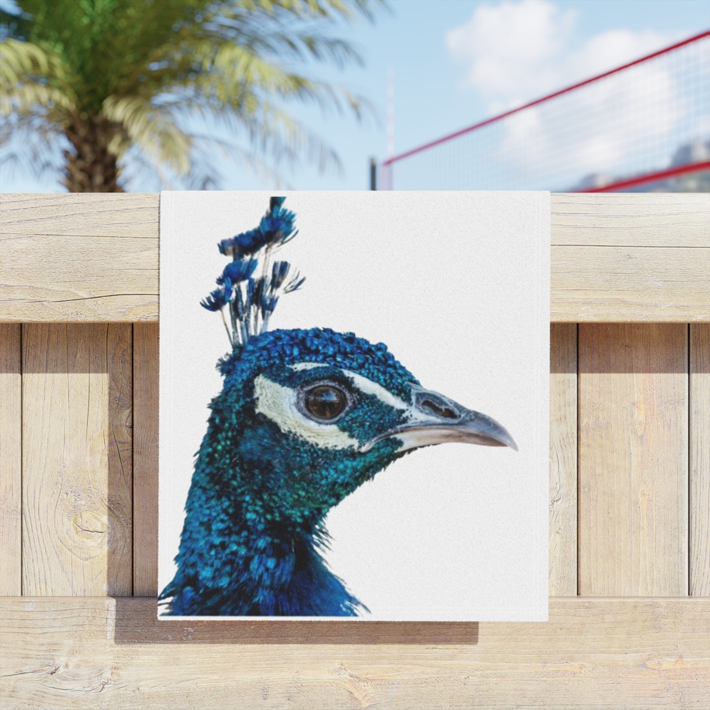 Peacock Portrait Beach Towel — Vibrant Blue Exotic Bird Design