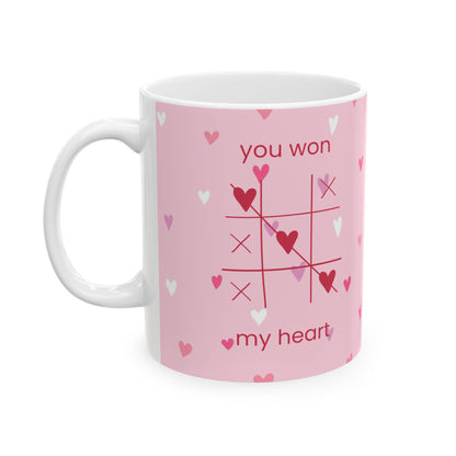 Valentine Tic-Tac-Toe Ceramic Mug — "You Win My Heart" Pink Heart Coffee Cup (11oz/15oz)