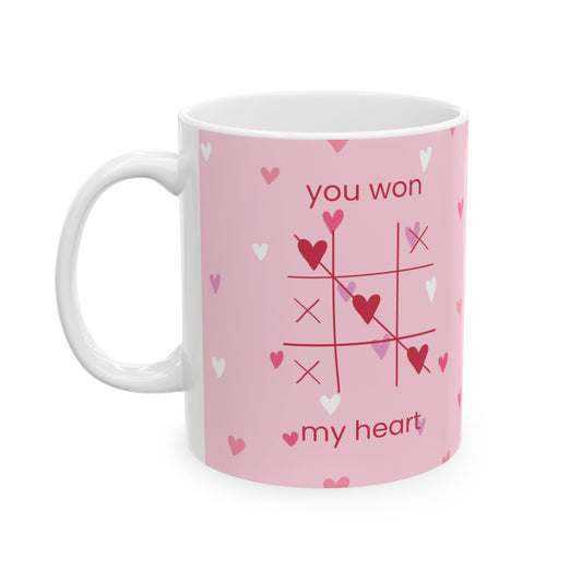 Valentine Tic-Tac-Toe Ceramic Mug — "You Win My Heart" Pink Heart Coffee Cup (11oz/15oz)