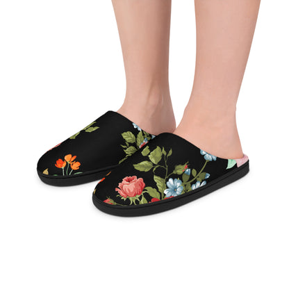 Floral Velvet Indoor Slippers — Women's Cozy Black Rose Slip-Ons
