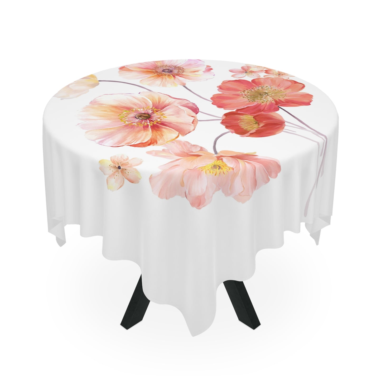 Floral Poppy Tablecloth — Watercolor Pink Poppy Table Linen for Spring & Bridal