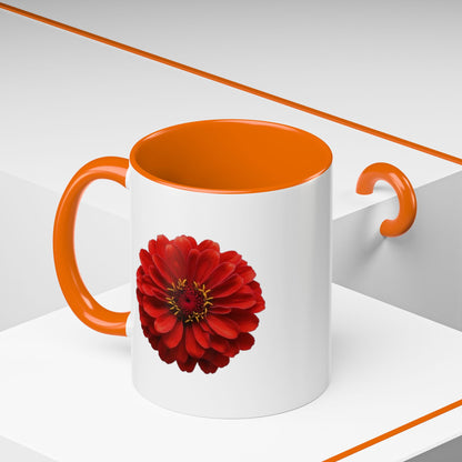 Red Zinnia Accent Coffee Mug — Floral Ceramic Tea Cup (11/15 oz)