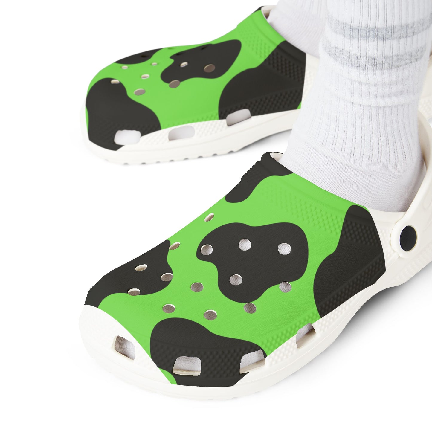 Green Cow Print Clogs — EVA Foam Slip-On Shoes