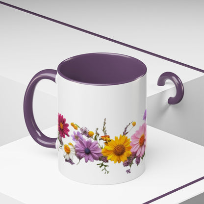 Floral Border Accent Coffee Mug — Colorful Daisy Bouquet 11/15oz