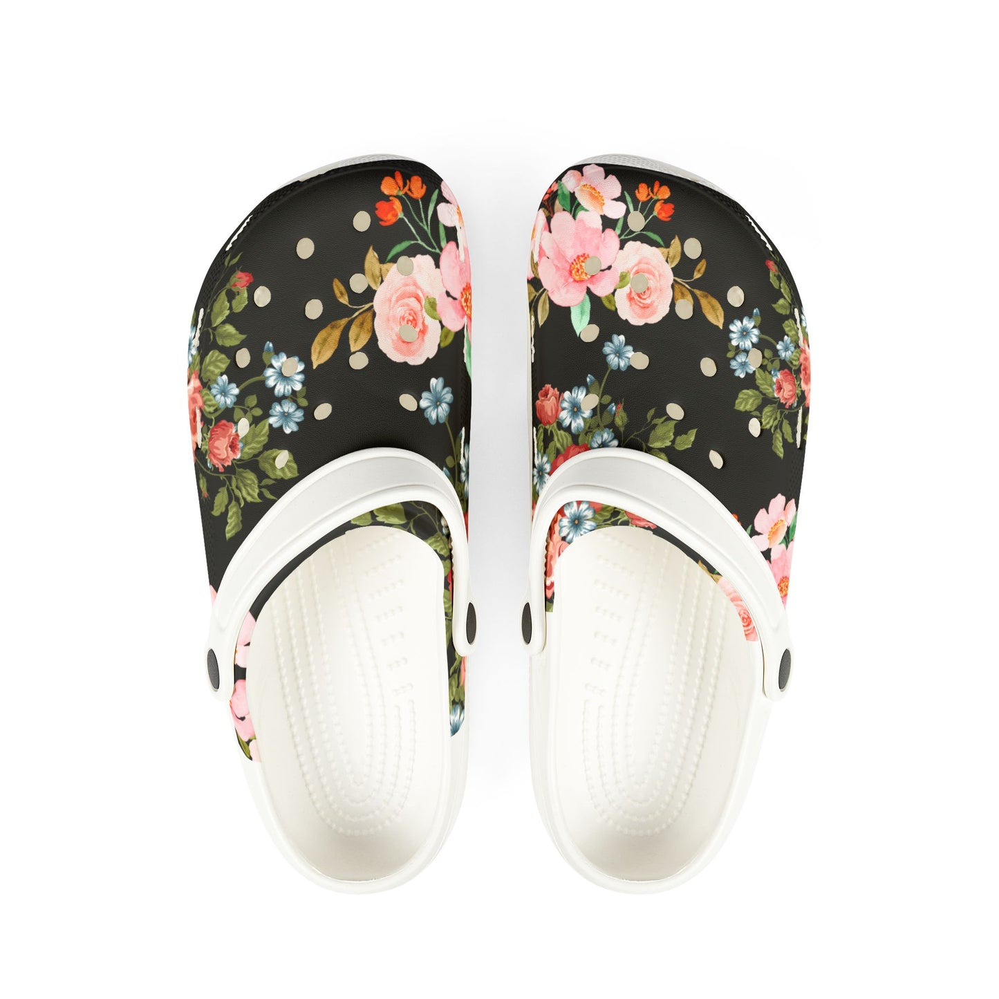 Floral EVA Foam Clogs — Women's Black Rose Garden Slip-On Shoes